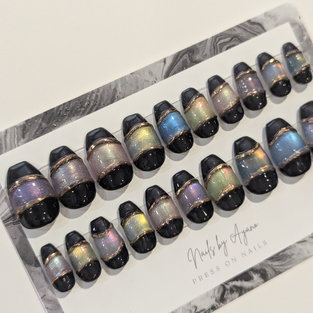 Iridescent Cat Eye Press-On Nails | Black & Aurora Pearl | Ready to Ship